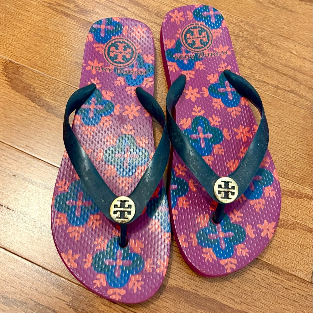 Tory Burch Purple and Blue Floral Flipflops